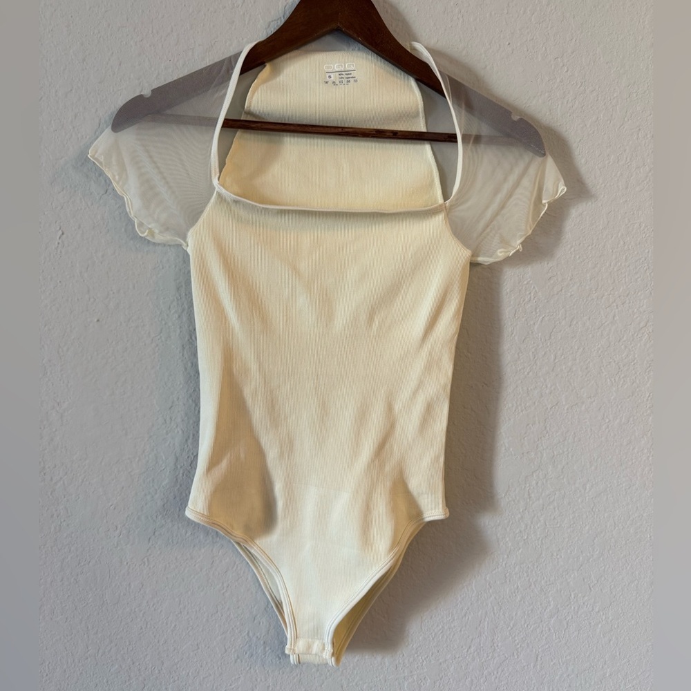 OQQ Cream Bodysuit with Sheer Sleeves
